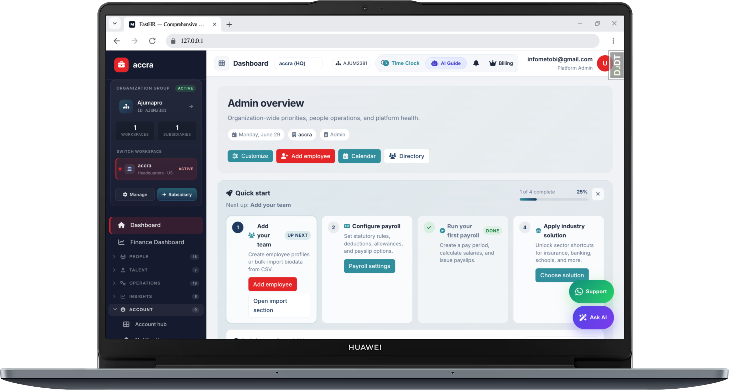 Admin overview with quick-start onboarding and organization health