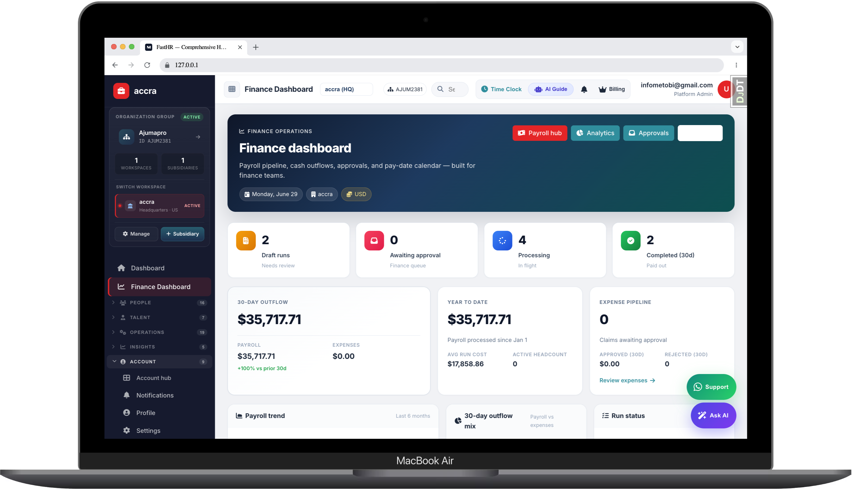 Finance dashboard with payroll pipeline KPIs and cash outflow charts