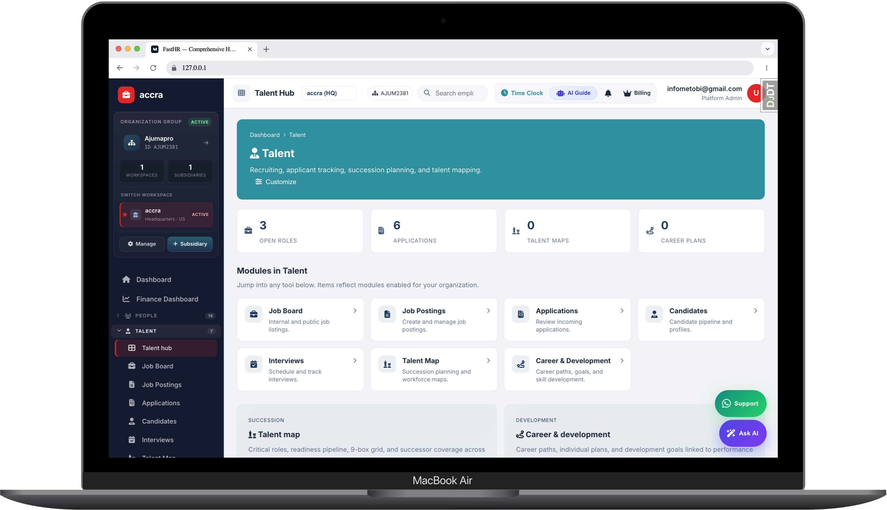 Talent hub with recruiting, ATS, interviews, and succession planning